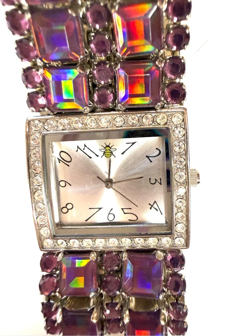 Vintage Oui Art Bee Watch Purple AB Iridescent Crystal Rhinestone Stretch Cuff